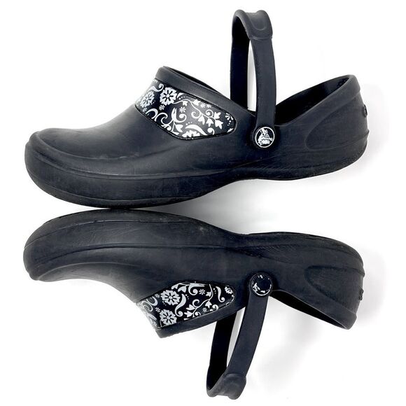 Crocs at Work Mercy Black Silver Floral Trim Back Strap Slip-Resistant Clogs 8 - Picture 4 of 9